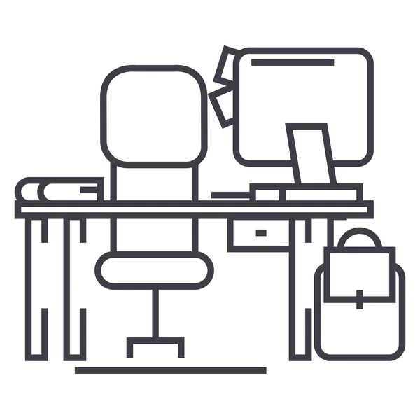 Mesa de escritório com ícone de linha de vetor de computador e cadeira, sinal, ilustração em segundo plano, traços editáveis —  Vetores de Stock