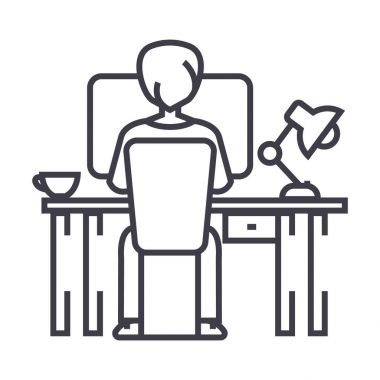 man working on computer on table, sitting back vector line icon, sign, illustration on background, editable strokes clipart