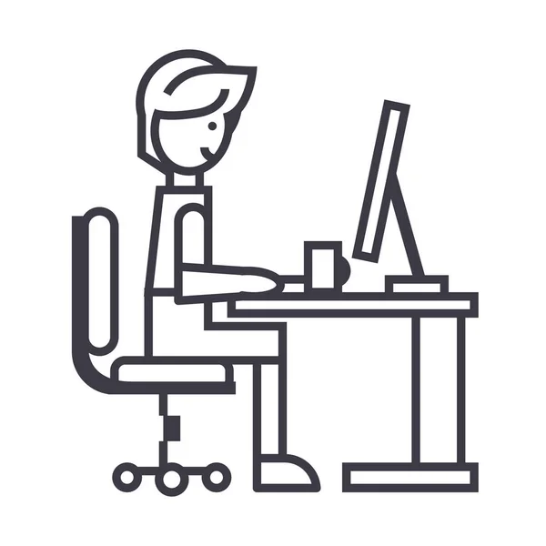 Man som arbetar på bordet hemma, freelancer vektor ikon, tecken, illustration på bakgrund, redigerbara stroke — Stock vektor