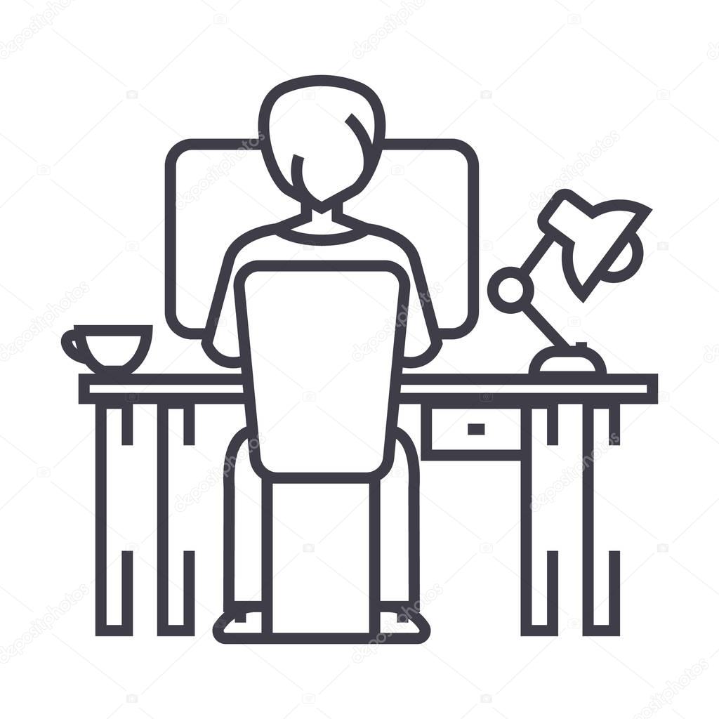 man working on computer on table, sitting back vector line icon, sign, illustration on background, editable strokes