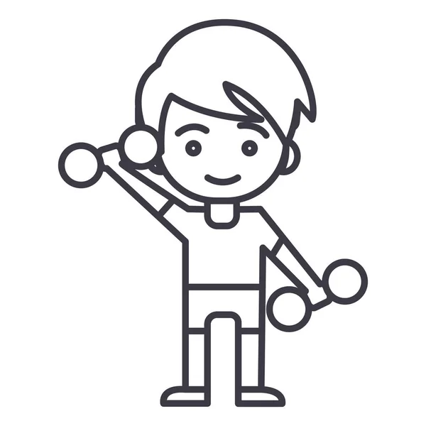 Sportovní muž, chlapec s hmotností, dítě cvičení vektorové čáry, znamení, obrázek na pozadí, upravitelné tahy — Stockový vektor