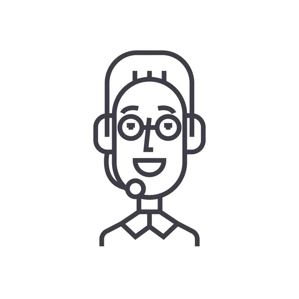 Soporte de servicio al cliente, cabeza masculina con icono de línea de vector de auriculares, signo, ilustración en el fondo, movimientos editables — Archivo Imágenes Vectoriales
