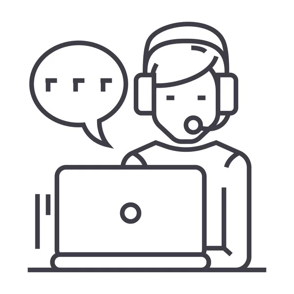 Support,customer service,man with computer and headset and chat vector line icon, sign, illustration on background, editable strokes — Stock Vector