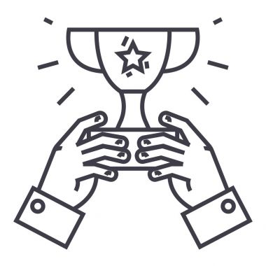 kazanan bardak, kupa eller, şampiyon zafer vektör satırı simgesi, işaret, resimde arka planda, düzenlenebilir vuruş