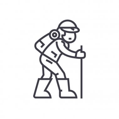 Gezgin, Hiking adam vektör satırı simgesi, işaret, resimde arka planda, düzenlenebilir vuruş