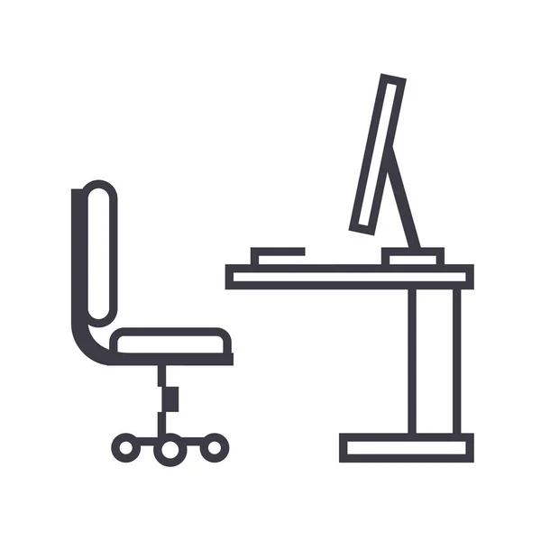 Τραπέζι, γραφείο με υπολογιστή sideview διάνυσμα γραμμή εικονίδιο, σημάδι, απεικόνιση σε φόντο, επεξεργάσιμα εγκεφαλικά επεισόδια — Διανυσματικό Αρχείο