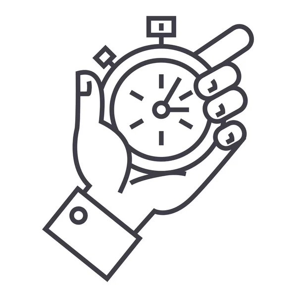Gestione del tempo, cronometro in mano icona della linea vettoriale, segno, illustrazione sullo sfondo, tratti modificabili — Vettoriale Stock