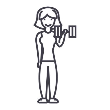 kadın fitness spor salonu ağırlıkları ile vektör satırı simgesi, işaret, resimde arka planda, düzenlenebilir vuruş