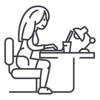 ofis veya ev içinde defter, freelancer vektör satırı simgesi, işaret, resimde arka plan, düzenlenebilir vuruşları üzerinde çalışan kadın