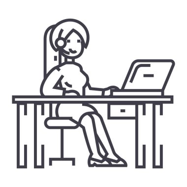 çalışan tablo laptop ve kulaklık, destek hizmeti vektör satırı simgesi, işareti ile arka planda, düzenlenebilir vuruş illüstrasyon kadın