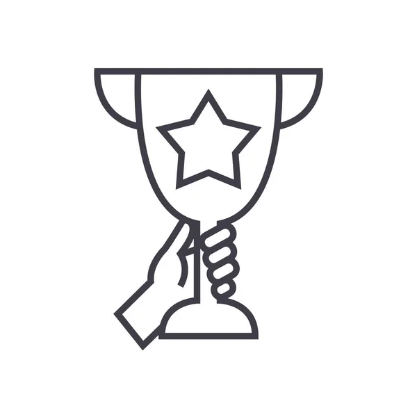 Кубок трофея в руках векторная линия значок, знак, иллюстрация на заднем плане, редактируемые штрихи — стоковый вектор