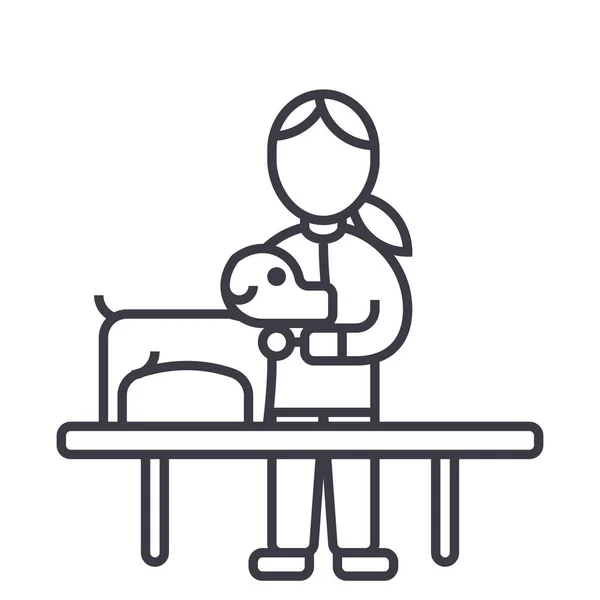 Tierklinik, Arzt mit Hundevektorliniensymbol, Schild, Abbildung im Hintergrund, editierbare Striche — Stockvektor