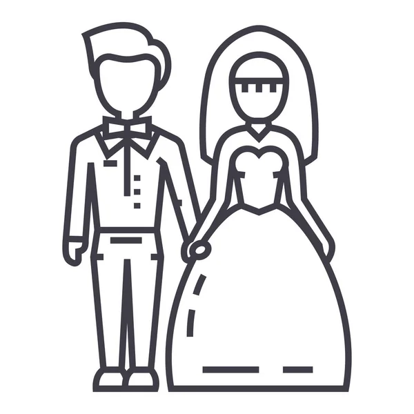 Bruiloft paar, vector bruid en bruidegom lijn pictogram, teken, afbeelding op de achtergrond, bewerkbare lijnen — Stockvector