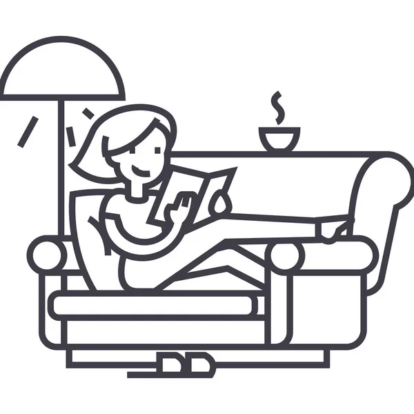 Kvinna hemma på soffan läsebok med te och lampa vektor linje ikon, tecken, illustration på bakgrund, redigerbara stroke — Stock vektor