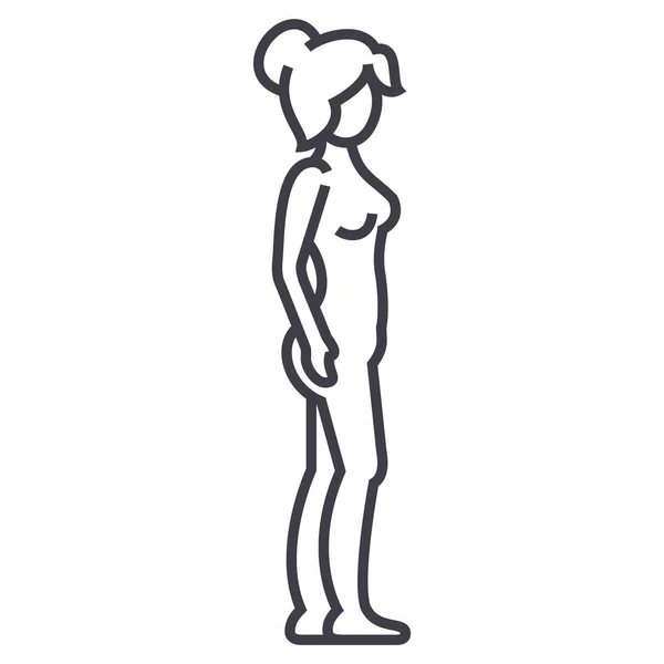 女性体のプロフィール、女性のシルエットのベクター線のアイコン、記号、背景、編集可能なストロークの図 — ストックベクタ