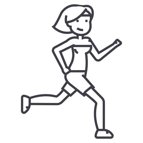 Kobieta działa, fitness wektor linii ikona, znak, ilustracja na tle, edytowalne obrysy — Wektor stockowy