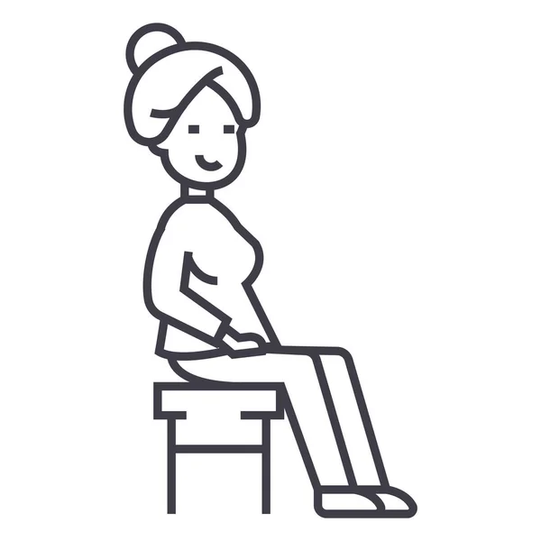 Frau, die auf dem Stuhlvektorzeilensymbol sitzt, Zeichen, Illustration im Hintergrund, editierbare Striche — Stockvektor