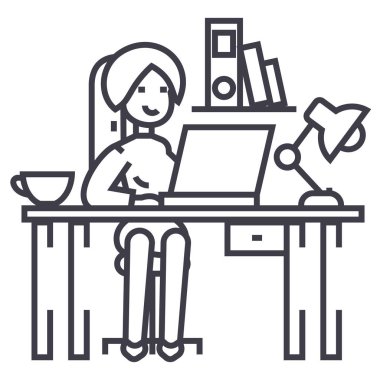 Ofis Masaları, ofis iç, freelancer vektör satırı simgesi, işaret, resimde arka plan, düzenlenebilir vuruşları üzerinde çalışan kadın