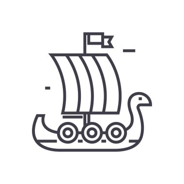 wooden viking ship vector line icon, sign, illustration on background, editable strokes clipart