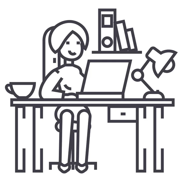 Frau am Bürotisch, Büroeinrichtung, Freelancer-Vektorzeilensymbol, Zeichen, Abbildung im Hintergrund, editierbare Striche — Stockvektor