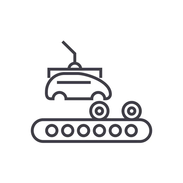 Монтаж автомобиля, векторная линия конвейера значок, знак, иллюстрация на заднем плане, редактируемые штрихи — стоковый вектор