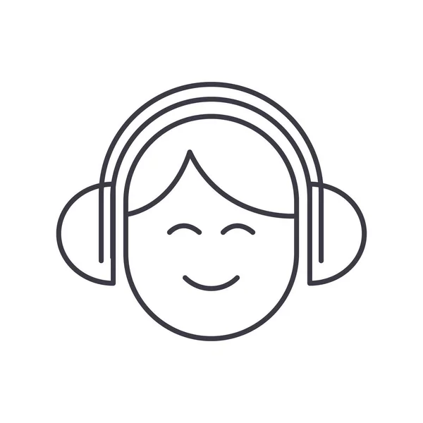 Audio escucha, hombre con auriculares icono de línea vectorial, signo, ilustración en el fondo, movimientos editables — Vector de stock