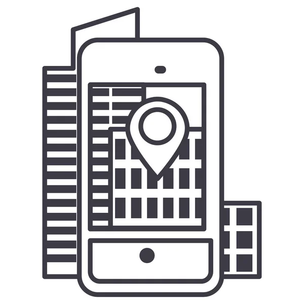 Дополненная реальность, город в иконке векторной линии смартфона, знак, иллюстрация на фоне, редактируемые штрихи — стоковый вектор