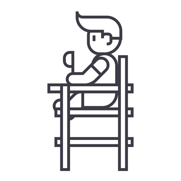 мальчик сидит на иконке векторной линии высокого стульчика, знак, иллюстрация на заднем плане, редактируемые штрихи
