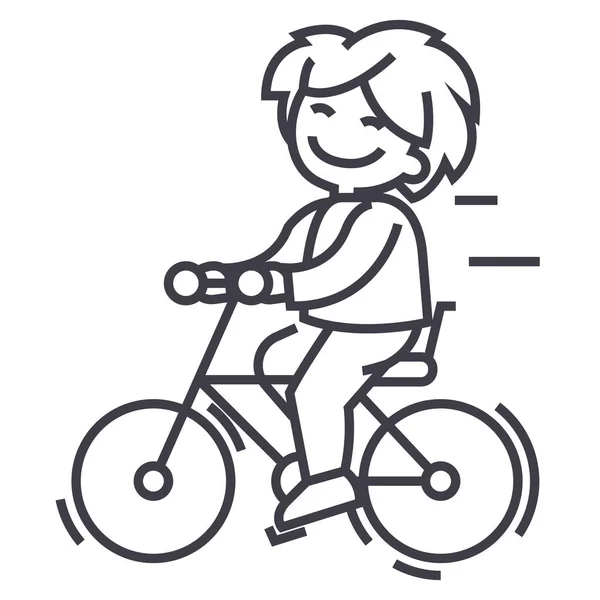 自行车，骑男孩矢量线图标、 标志、 插图背景，可编辑笔触 — 图库矢量图片