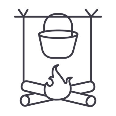 şenlik ateşi, kamp vektör satırı simgesi, işaret, resimde arka plan, düzenlenebilir vuruşları üzerinde seyahat