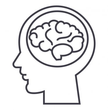 beyin kafasında, beyin fırtınası, zihin vektör satırı simgesi, işaret, resimde arka planda, düzenlenebilir vuruş