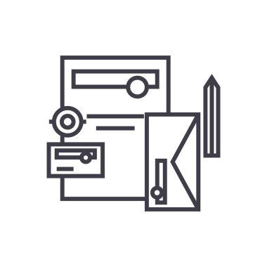 Markalama aksesuarları, posta, belge, kalem vektör satırı simgesi, işaret, resimde arka planda, düzenlenebilir vuruş