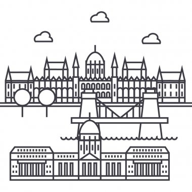 Budapeşte, Macaristan vektör satırı simgesi, işaret, resimde arka planda, düzenlenebilir vuruş