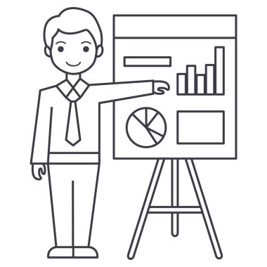 Tanıtım kurulu vektör satırı simgesi, işaret, resimde arka planda, düzenlenebilir vuruş gösterilen işadamı