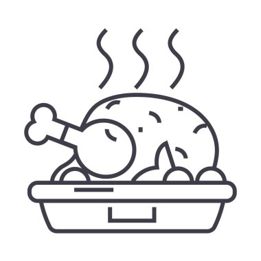 Tavuk Yemeği, kızarmış rosto vektör satırı simgesi, işaret, resimde arka planda, düzenlenebilir vuruş