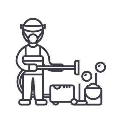 Temizleme Servisi, houskeeping adam, süpürge süpürge vektör satırı simgesi ile işareti, resimde arka planda, düzenlenebilir vuruş