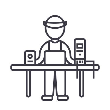 bilgisayar servis, pc uzmanı, enigneer vektör satırı simgesi, işaret, resimde arka planda, düzenlenebilir vuruş