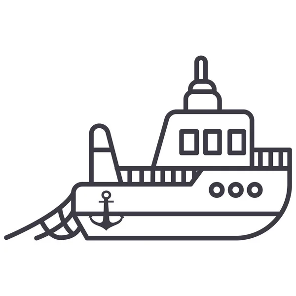 Barco pesca vector línea icono, signo, ilustración sobre fondo, movimientos editables — Archivo Imágenes Vectoriales