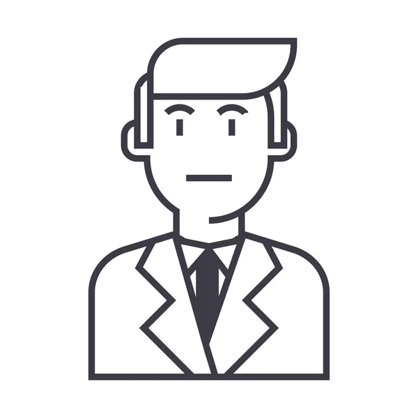 Hombre de negocios en traje vector línea icono, signo, ilustración en el fondo, movimientos editables — Vector de stock
