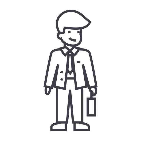 Hombre de negocios con icono de línea de vector de caso, signo, ilustración en el fondo, trazos editables — Vector de stock