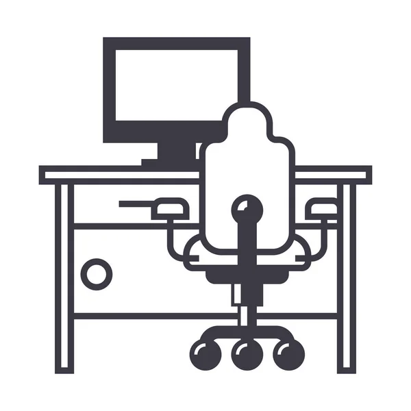 Armadio, scrivania con pc e sedia da ufficio icona della linea vettoriale, segno, illustrazione sullo sfondo, tratti modificabili — Vettoriale Stock