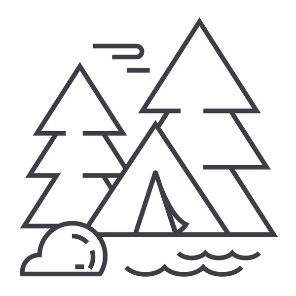 Tente de camping dans la forêt icône de ligne vectorielle, signe, illustration sur fond, touches modifiables — Image vectorielle