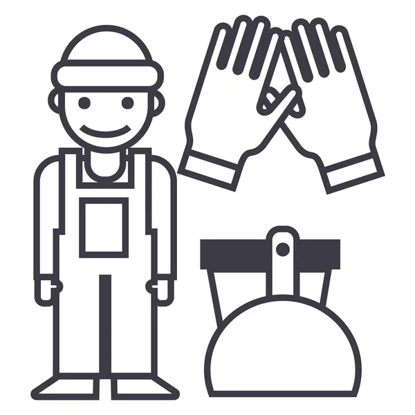 Cleaning service,cleaning man, gloves, scoop, bucket vector line icon, sign, illustration on background, editable strokes — Stock Vector