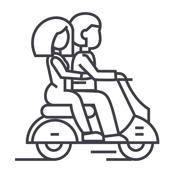 Couple in love riding a scooter vector line icon, sign, illustration on background, editable strokes — Stock Vector