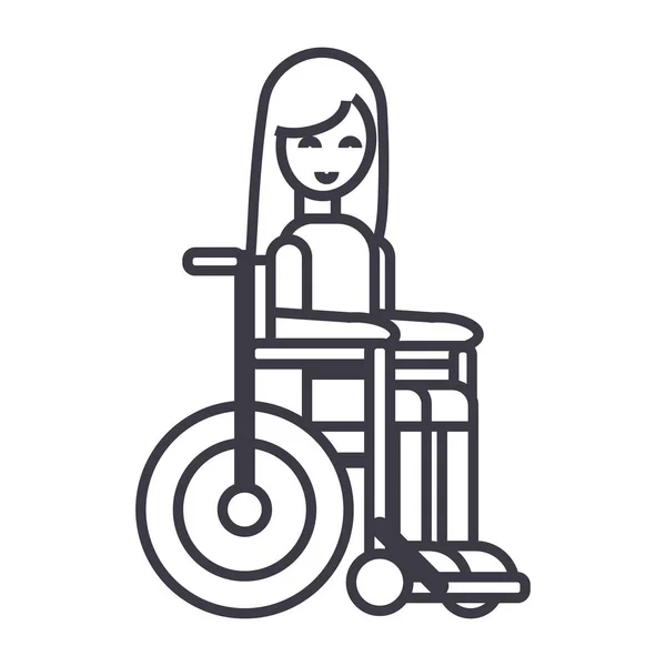 Niepełnosprawnych dziewczyna w wózek inwalidzki wektor linii ikona, znak, ilustracja na tle, edytowalne obrysy — Wektor stockowy