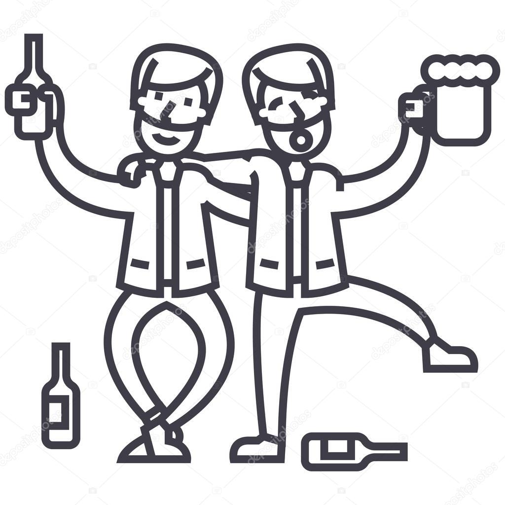 Drunk people,drunk party,two men drinking vector line icon, sign, illustration on white background, editable strokes