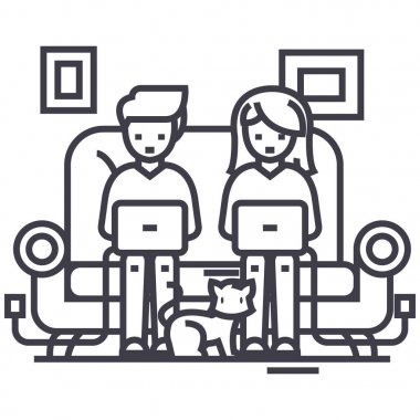 kanepe kedi vektör satırı simgesi, işaret, resimde arka planda, düzenlenebilir darbeleri ile dizüstü bilgisayarlarda çalışan aile