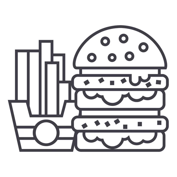 Fast food, hambúrguer e batatas fritas ícone de linha vetorial, sinal, ilustração em segundo plano, traços editáveis — Vetor de Stock