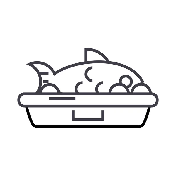 Peixe comida vetor linha ícone, sinal, ilustração em segundo plano, traços editáveis — Vetor de Stock