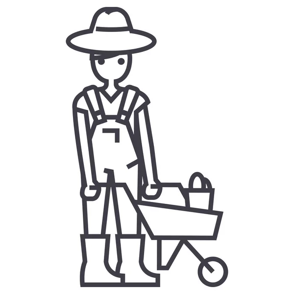 Mężczyzna ogrodnik z taczki wektor linii ikona, znak, ilustracja na tle, edytowalne obrysy — Wektor stockowy